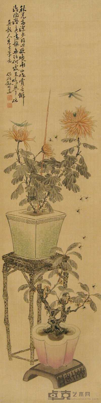吕景龢 草虫花卉 立轴 155×39cm